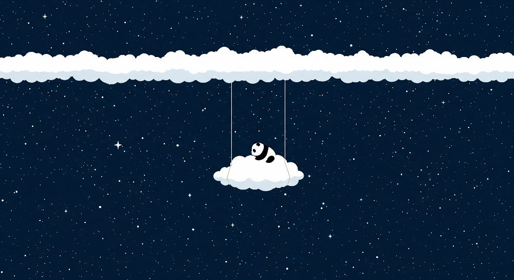 Kids-Mundo flat artwork of a sleepy panda resting on a cloud swing under stars.
