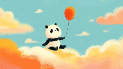 Kids-Mundo flat artwork of a panda sitting on clouds holding an orange balloon
