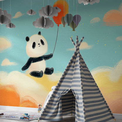 Kids-Mundo panda with balloon wall mural brightening a soft, warm playroom corner