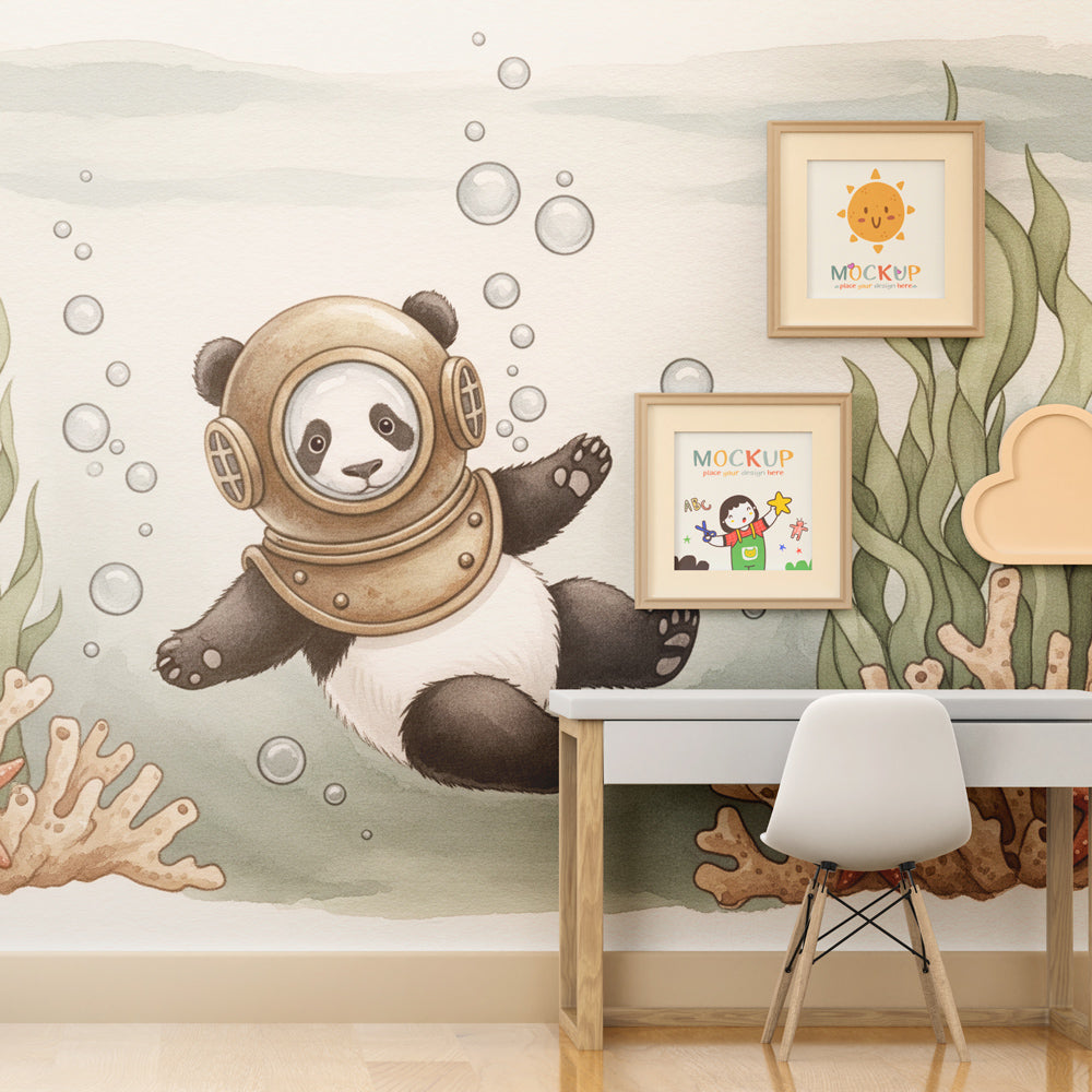 Underwater adventure panda mural wallpaper creating magical baby bedroom with diving helmet theme