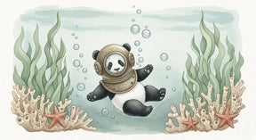 Detailed panda explorer underwater mural wallpaper design pattern with diving helmet and coral by Kids-Mundo