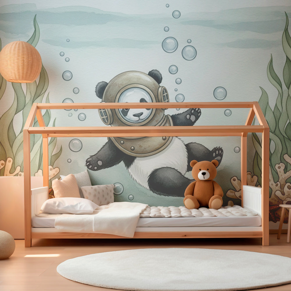 Ocean themed panda mural wallpaper with coral and seaweed in peaceful toddler room setting