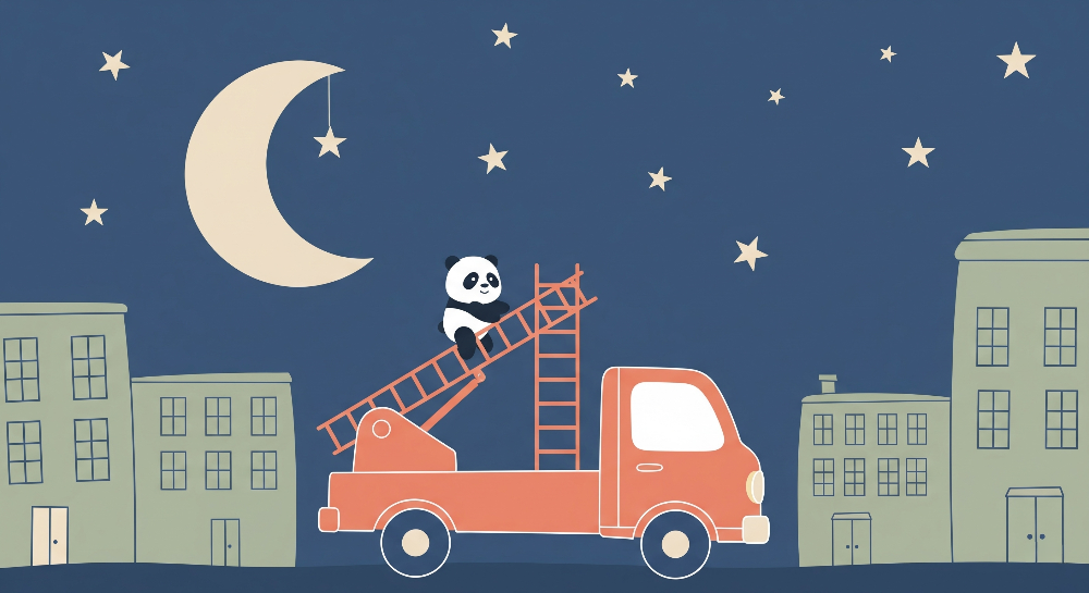 Kids-Mundo flat artwork preview of the panda fire truck night sky wall mural design