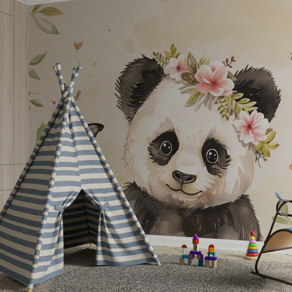 Soft beige panda wallpaper with flowers transforming peaceful baby room decor