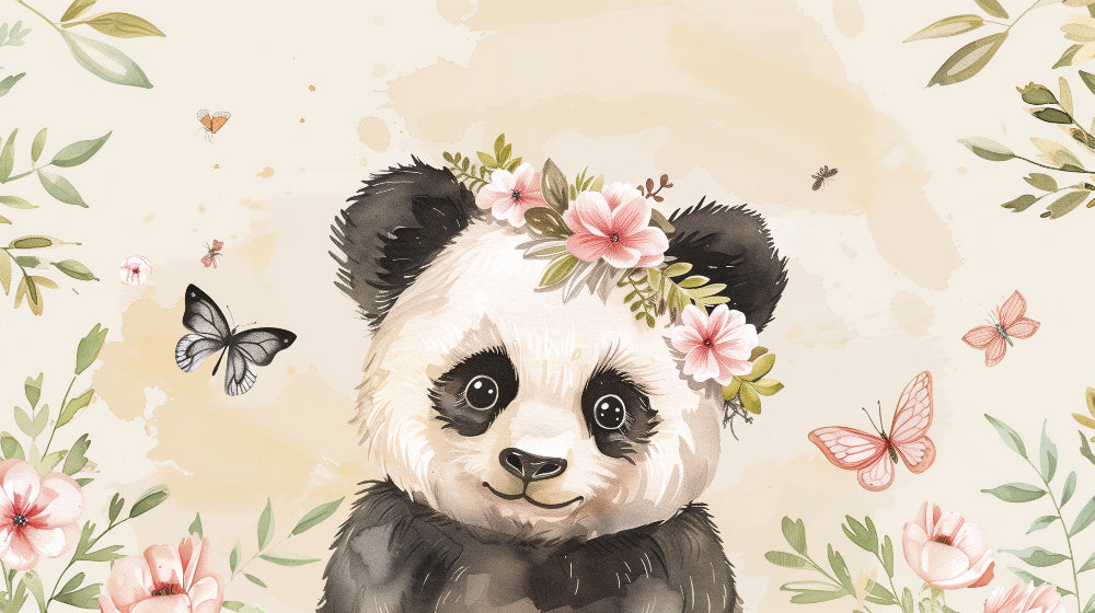 Detailed panda floral mural wallpaper design pattern with butterflies by Kids-Mundo