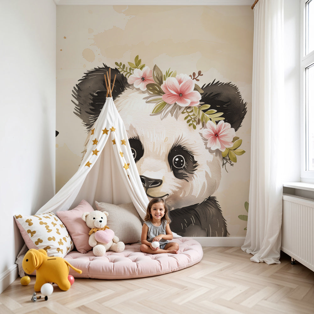 Panda floral mural wallpaper creating serene baby nursery with butterflies by Kids-Mundo