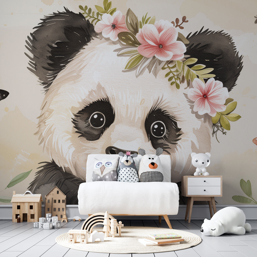 Enchanting panda and butterfly mural wallpaper in cozy toddler bedroom setting