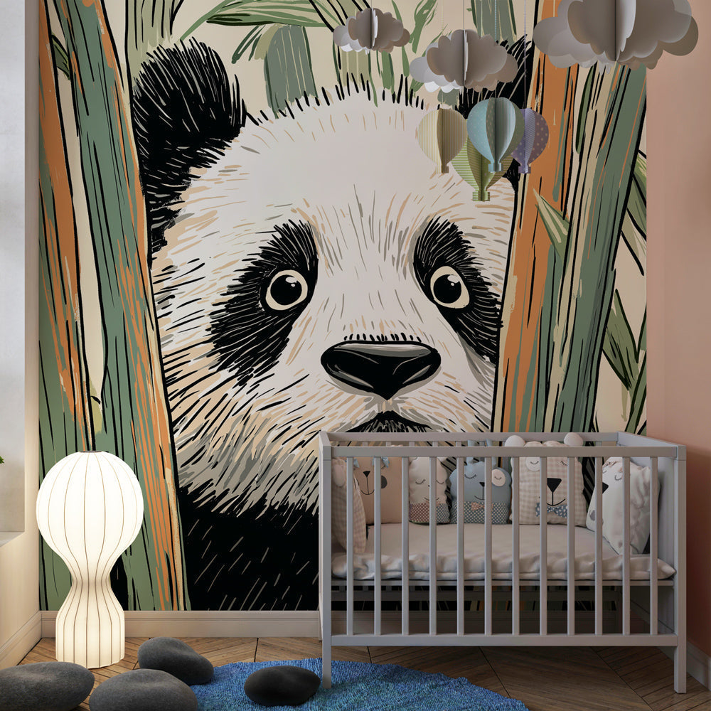 Nature-themed panda mural wallpaper transforming kids bedroom into woodland sanctuary by Kids-Mundo