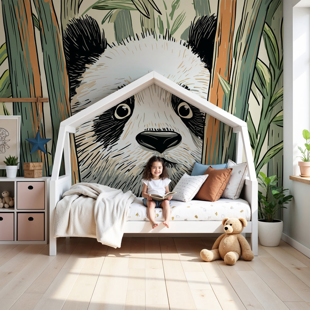 Panda forest mural wallpaper creating peaceful nursery decor with curious panda design by Kids-Mundo