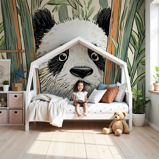 Panda forest mural wallpaper creating peaceful nursery decor with curious panda design by Kids-Mundo