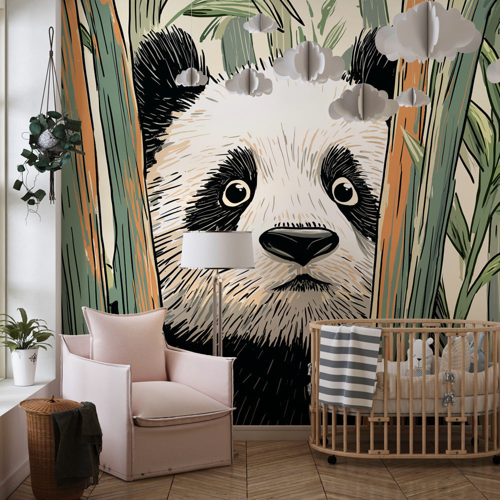 Forest panda wallpaper creating magical playroom atmosphere with lush greenery and wildlife theme