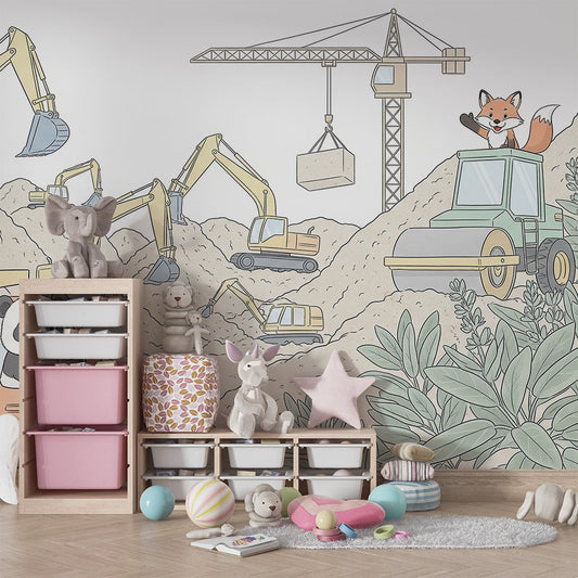 Kids-Mundo digger and dump truck wall mural made to measure for a child's bedroom wall