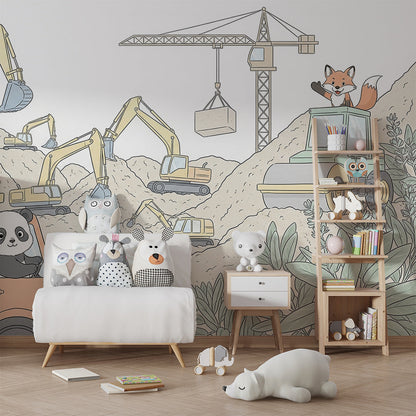 Kids-Mundo construction site mural with panda and fox brightening a playroom wall