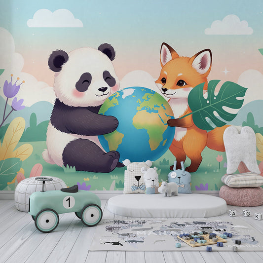 Kids-Mundo floral panda and fox wall mural on a feature wall in a kids bedroom