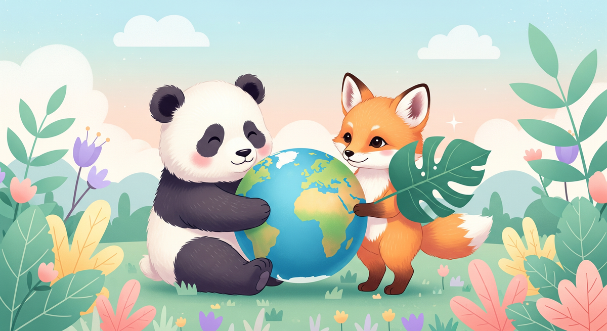 Panda and Fox Holding the Globe Wall Mural