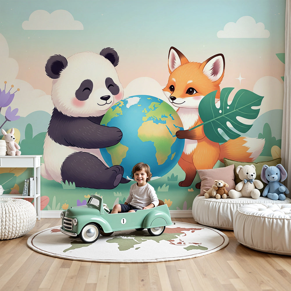 Kids-Mundo panda and fox globe wall mural styled in a soft pastel nursery