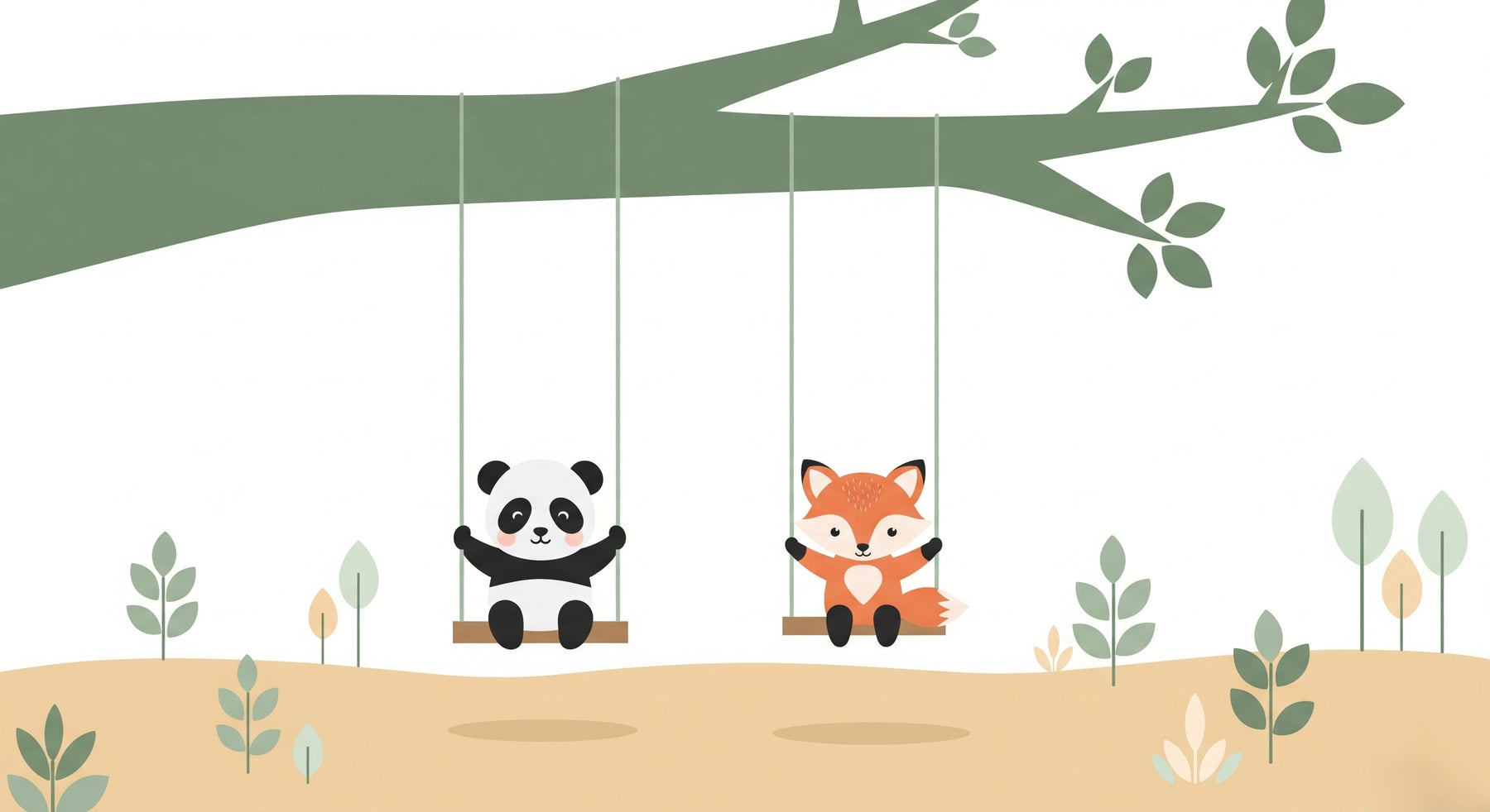 Detailed panda and fox tree swing mural wallpaper design pattern by Kids-Mundo