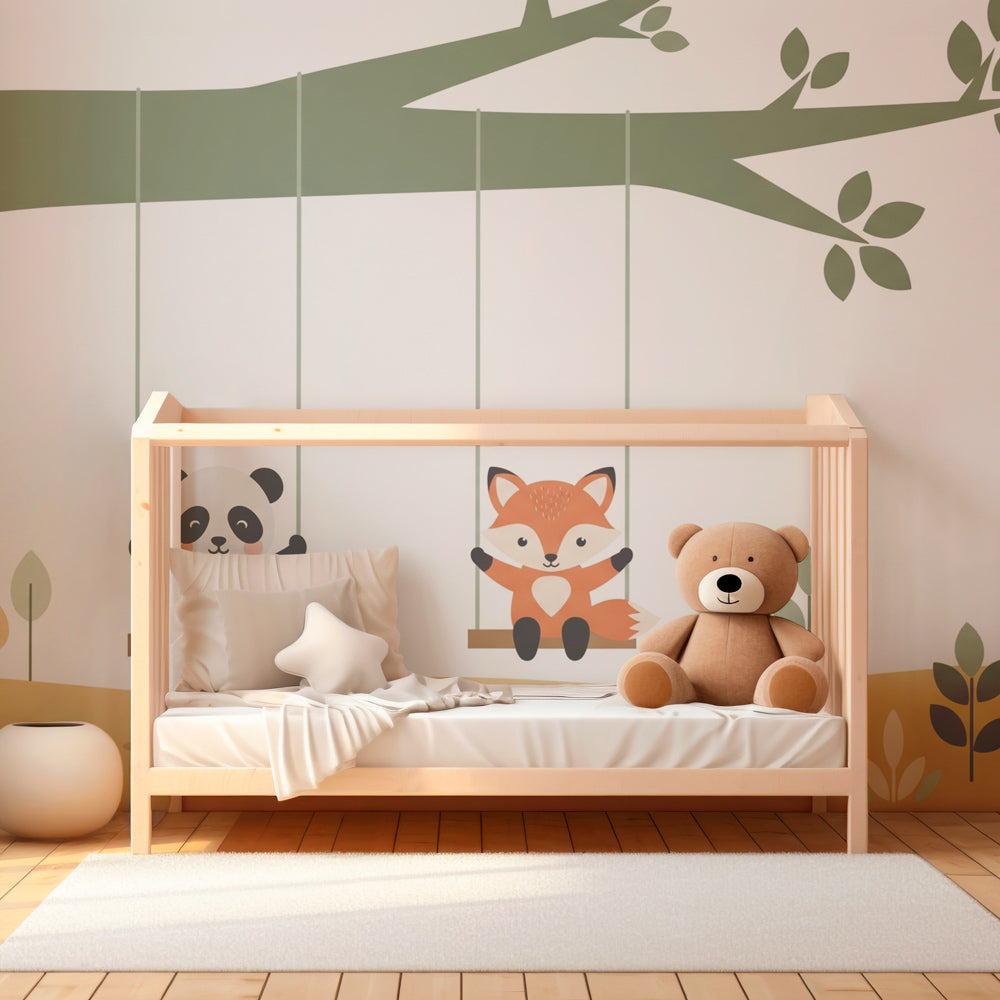 Tree swing animal mural wallpaper transforming kids playroom into magical space