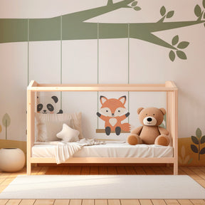 Tree swing animal mural wallpaper transforming kids playroom into magical space