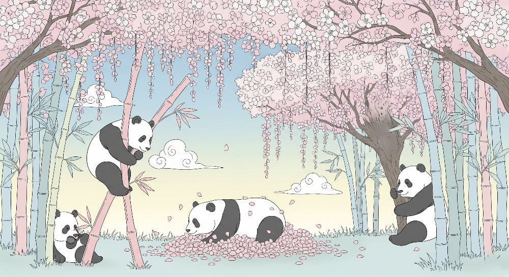 Detailed panda garden mural wallpaper design pattern with cherry blossoms by Kids-Mundo