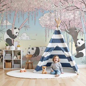 Panda garden mural wallpaper creating peaceful nursery decor with cherry blossom design by Kids-Mundo