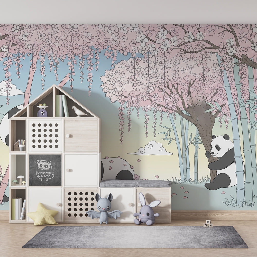 Adorable panda mural wallpaper with bamboo and flowers for kids playroom by Kids-Mundo