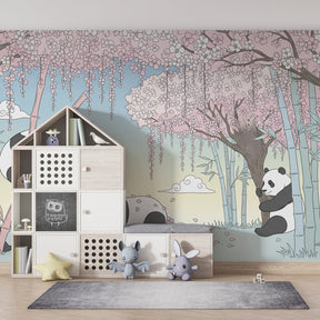 Adorable panda mural wallpaper with bamboo and flowers for kids playroom by Kids-Mundo
