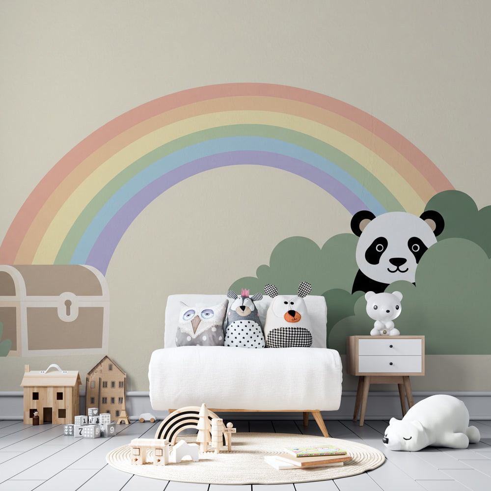 Enchanting panda and rainbow mural wallpaper in cozy toddler bedroom setting