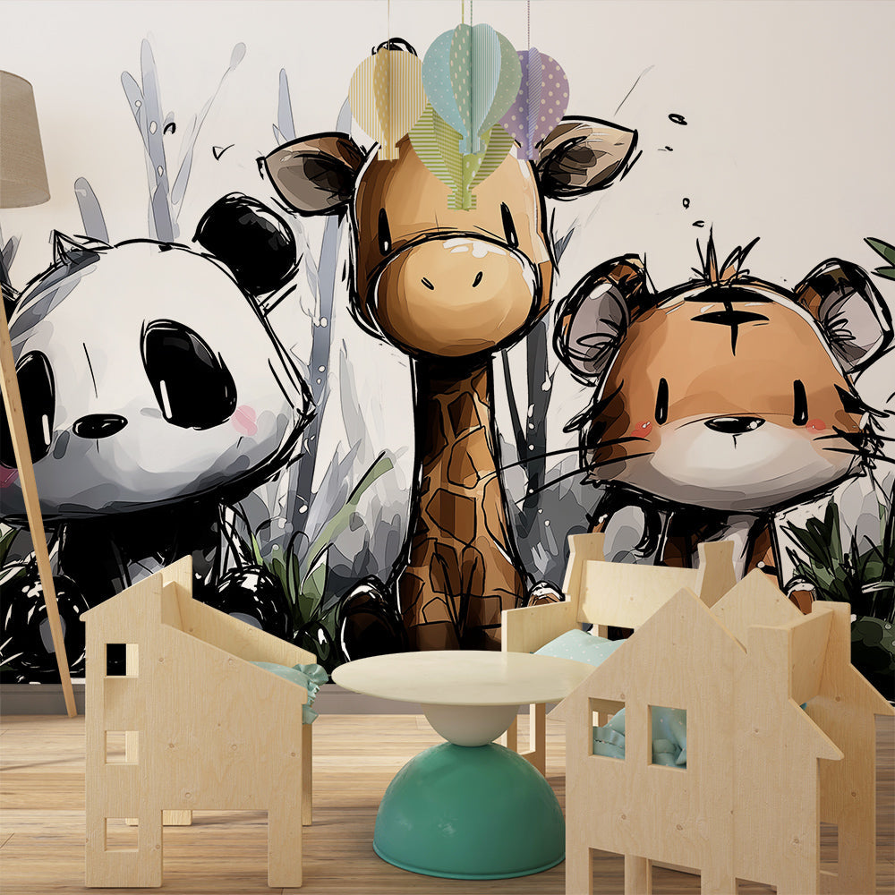 Kids-Mundo hand-drawn animal wall mural with panda, giraffe and tiger in a kids bedroom