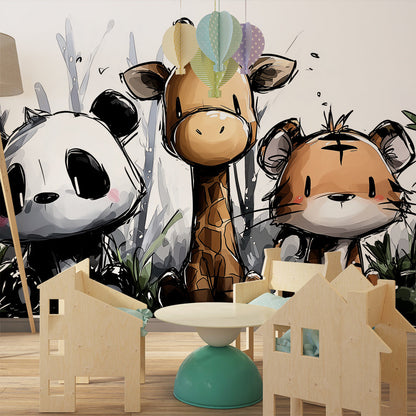 Kids-Mundo hand-drawn animal wall mural with panda, giraffe and tiger in a kids bedroom