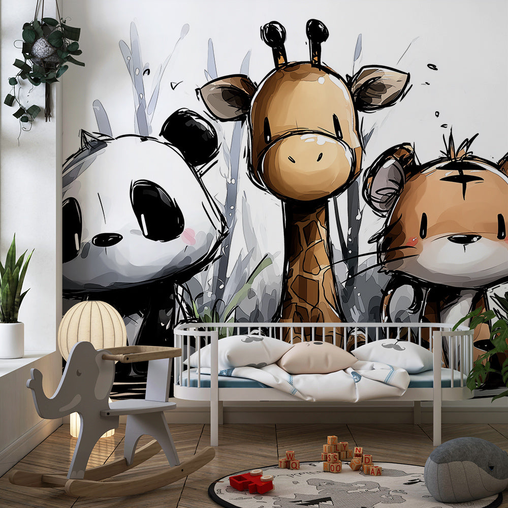 Kids-Mundo panda, giraffe and tiger sketch mural adding character to a playroom wall