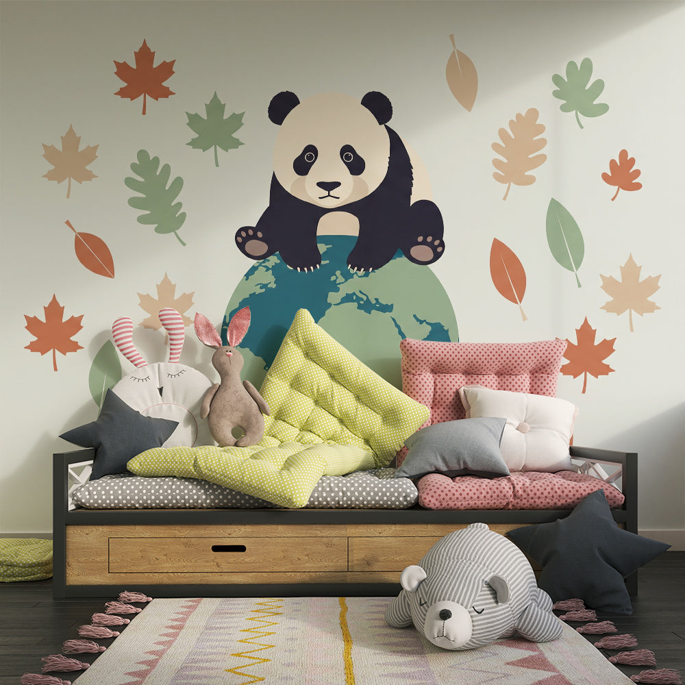 Kids-Mundo panda and autumn leaves wall mural on a feature wall in a kids bedroom