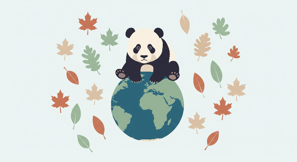 Panda on the Globe with Autumn Leaves Wall Mural