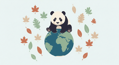Kids-Mundo flat artwork of a panda sitting on a globe with autumn leaves