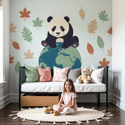 Kids-Mundo panda on the globe wall mural styled in a soft pastel nursery room