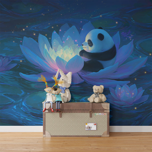 Kids-Mundo panda wall mural with glowing lotus flower shown in a children's bedroom
