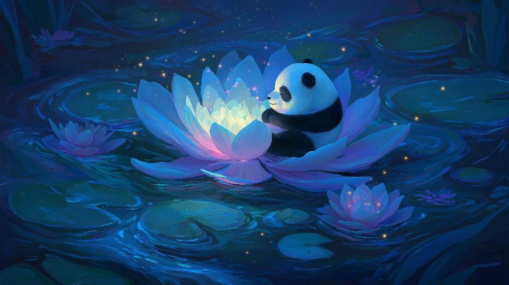 Kids-Mundo flat artwork of a panda sitting on a glowing lotus flower at night