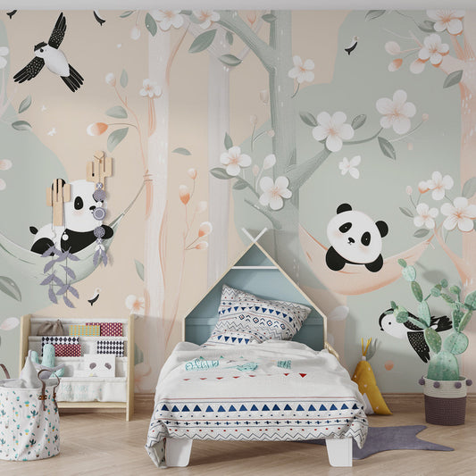 Kids-Mundo pandas in blossom trees wall mural made to measure for a kids bedroom wall