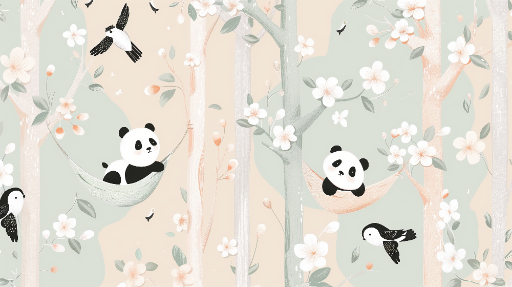 Kids-Mundo flat artwork of the pandas in blossom tree hammocks wall mural design
