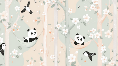Kids-Mundo flat artwork of the pandas in blossom tree hammocks wall mural design
