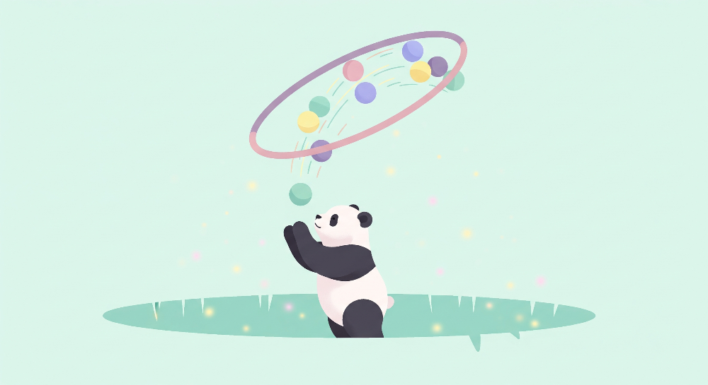 Flat artwork of the Kids-Mundo panda hoop and bubbles wall mural showing sparkles