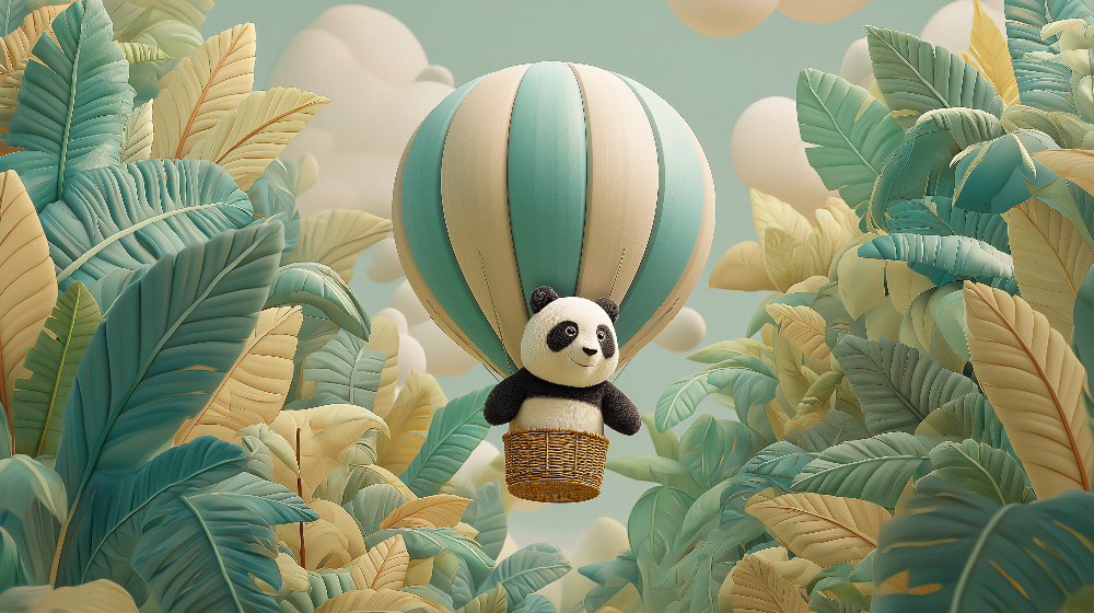 Kids-Mundo flat artwork of a panda in a teal hot air balloon floating above jungle leaves