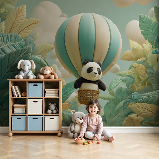 Kids-Mundo panda hot air balloon jungle wall mural styled in a soft pastel baby nursery