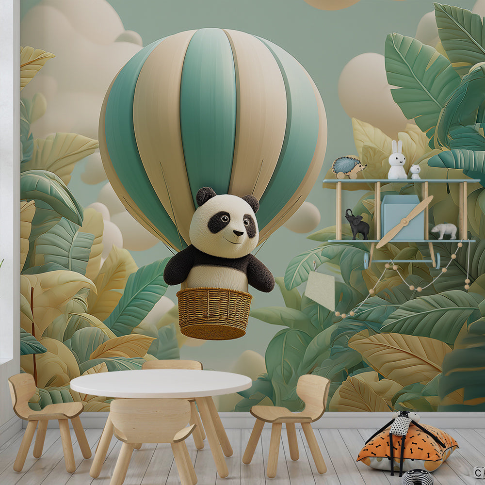 Kids-Mundo panda in a hot air balloon mural covering a playroom wall with tropical leaves