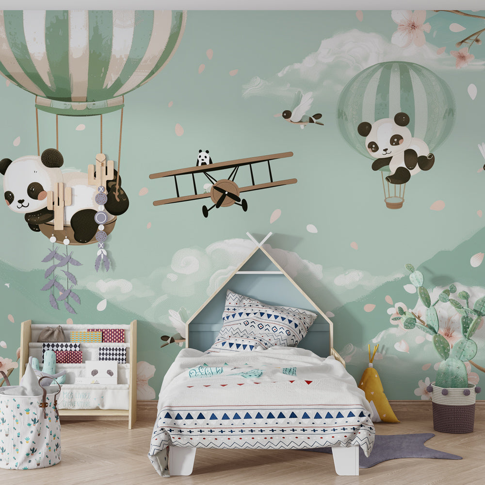 Kids-Mundo panda wall mural with cherry blossom and balloons in a children's bedroom