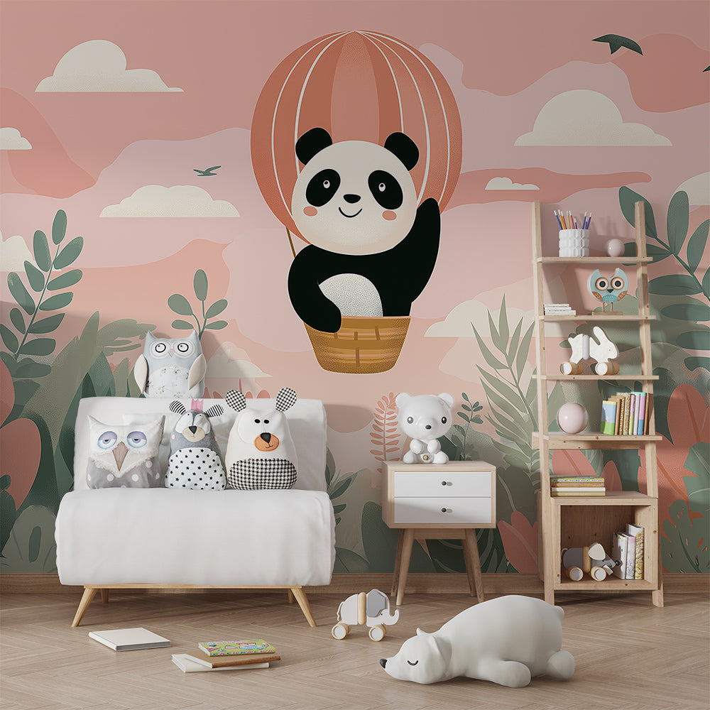 Kids-Mundo panda wall mural with a hot air balloon shown in a children's bedroom