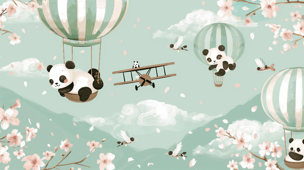 Panda Hot Air Balloons and Cherry Blossom Wall Mural