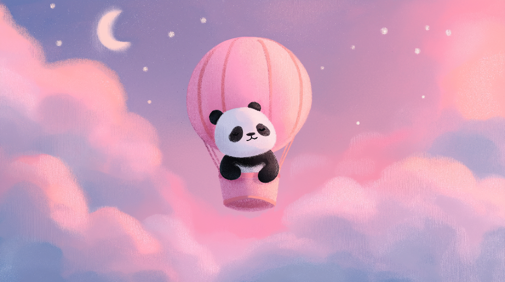 Panda in a Hot Air Balloon Over Pink Clouds Wall Mural