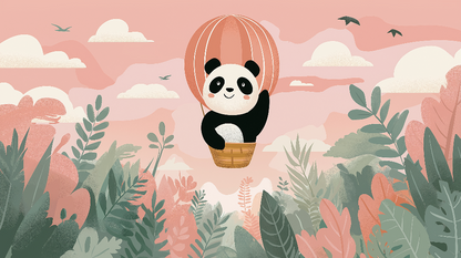 Kids-Mundo flat artwork of a panda waving from a hot air balloon above a jungle