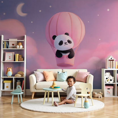 Kids-Mundo panda hot air balloon wall mural styled in a soft pink nursery